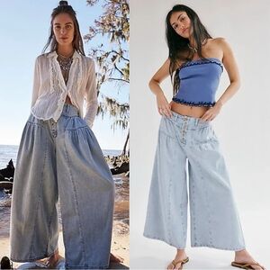 Free People Blossom Bohemian Billowy Wide Leg Pull On Jeans Size Large NWT